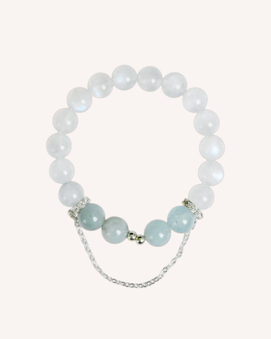 Front view of Moonstone and Aquamarine healing bracelet for emotional balance and inner peace.