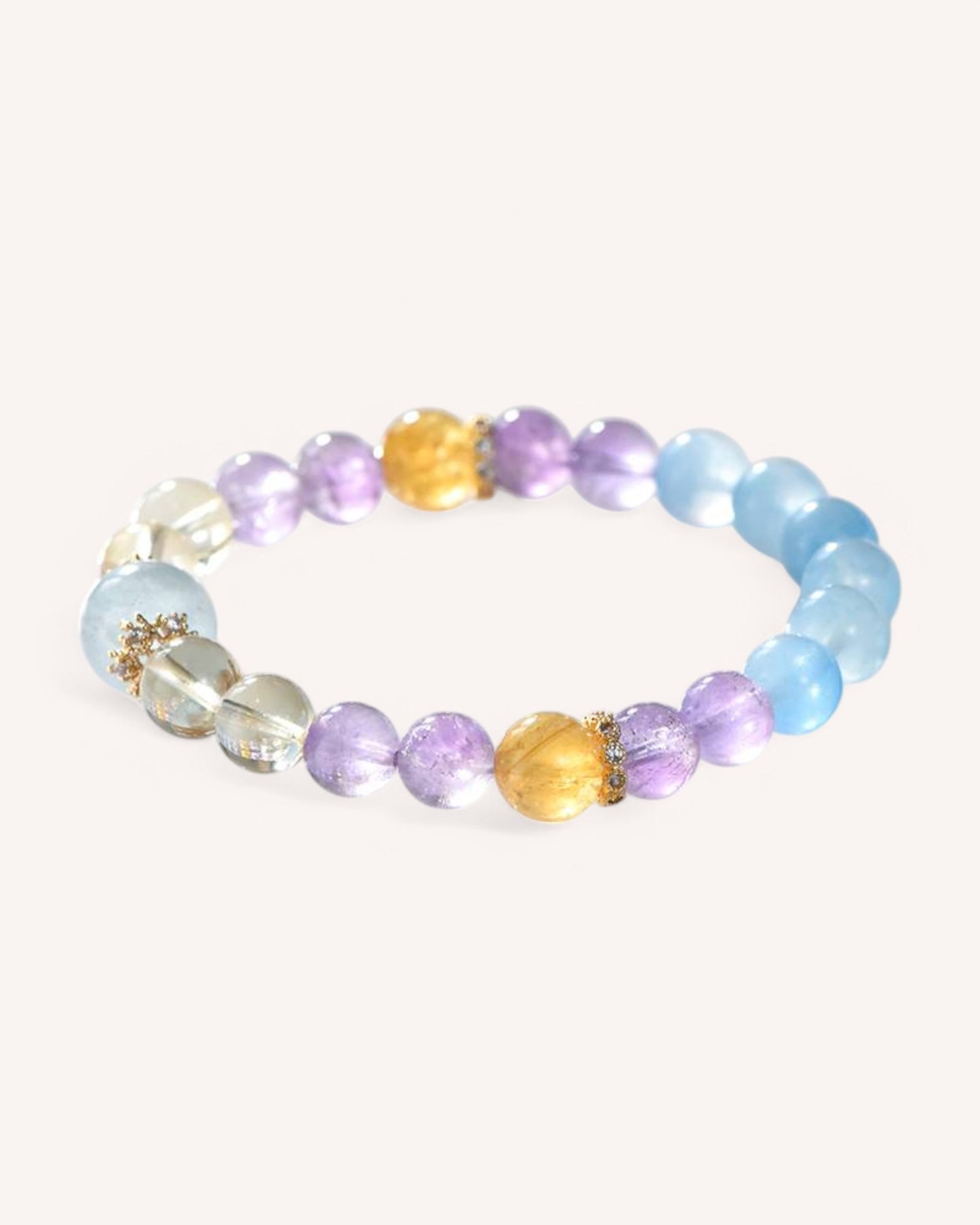 Front view of Amethyst Aquamarine and Golden Azeztulite crystal bracelet for emotional clarity and spiritual healing