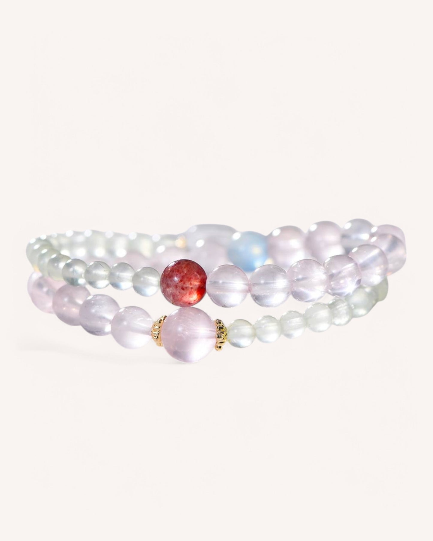 Side angle of the emotional healing crystal bracelet featuring rose quartz, white quartz, and grape agate—perfect for love, peace, and spiritual balance.