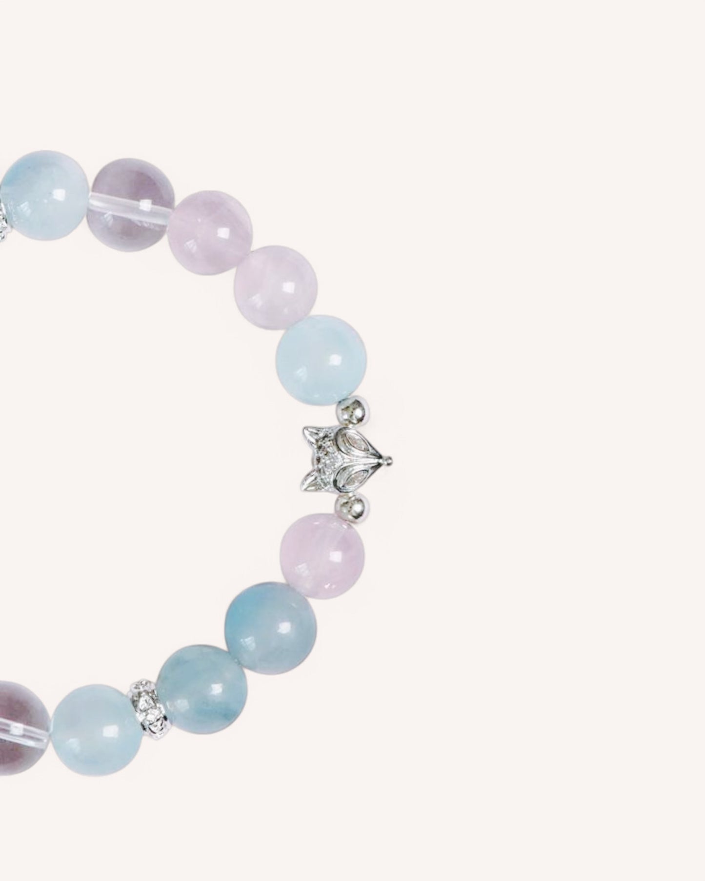Side view of the Five Elements Healing Crystal Bracelet with Blue Lace Agate, Rose Quartz, and White Quartz, designed for inner peace and energy balance.