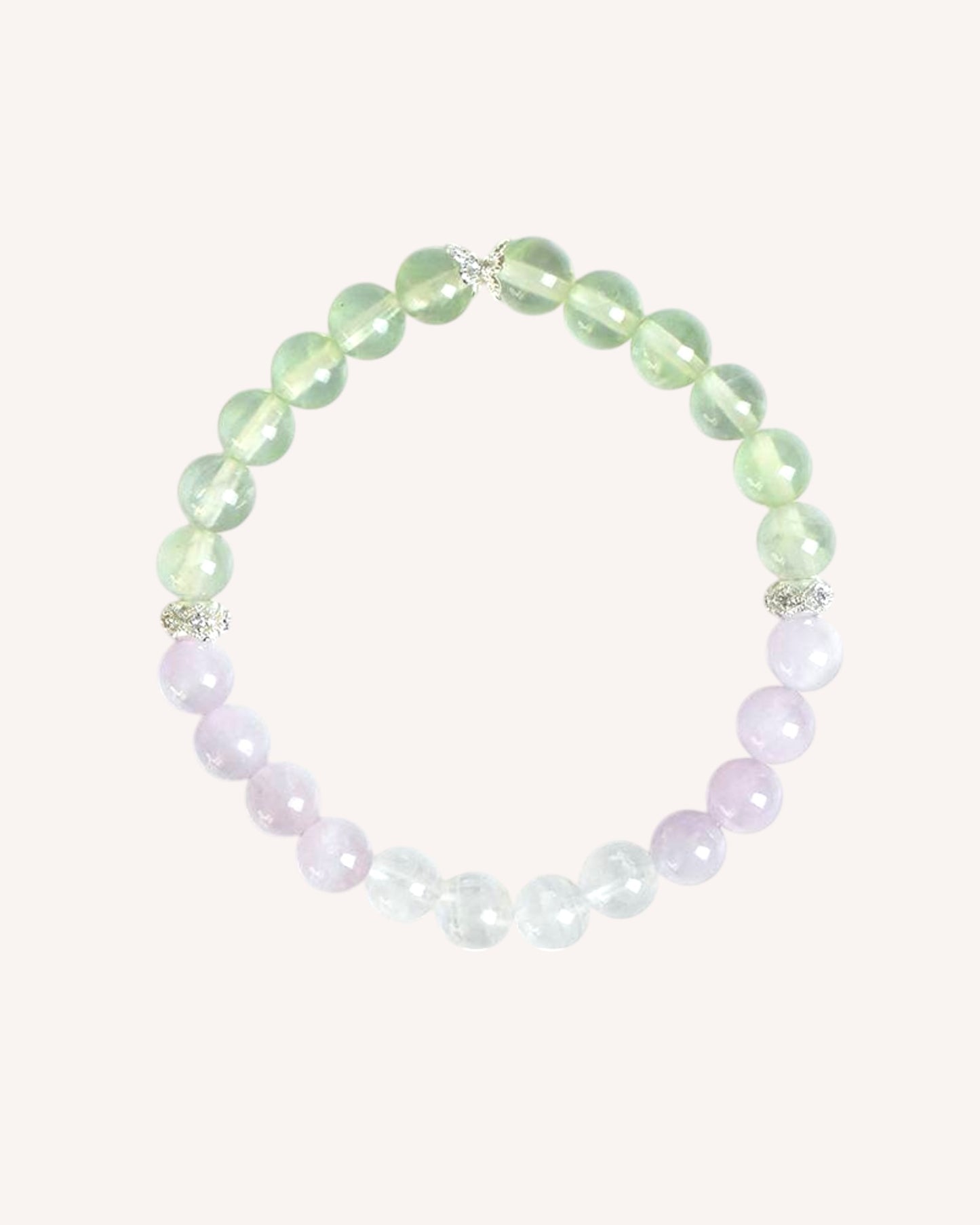 Top view of calming crystal bracelet made of Grapestone, Lepidolite, and Moonstone beads for spiritual growth and relaxation

