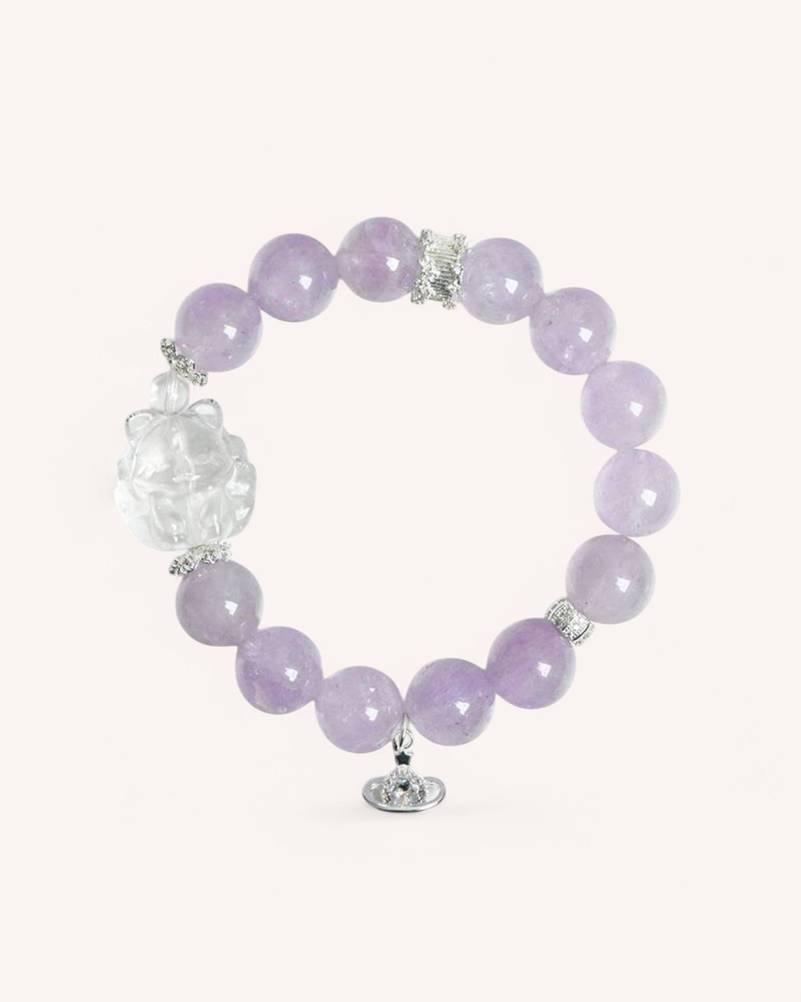 Front view of the Lavender Amethyst Fox Bracelet, featuring smooth lavender amethyst beads and a hand-carved white quartz fox charm, designed for intuition, wisdom, and spiritual clarity.