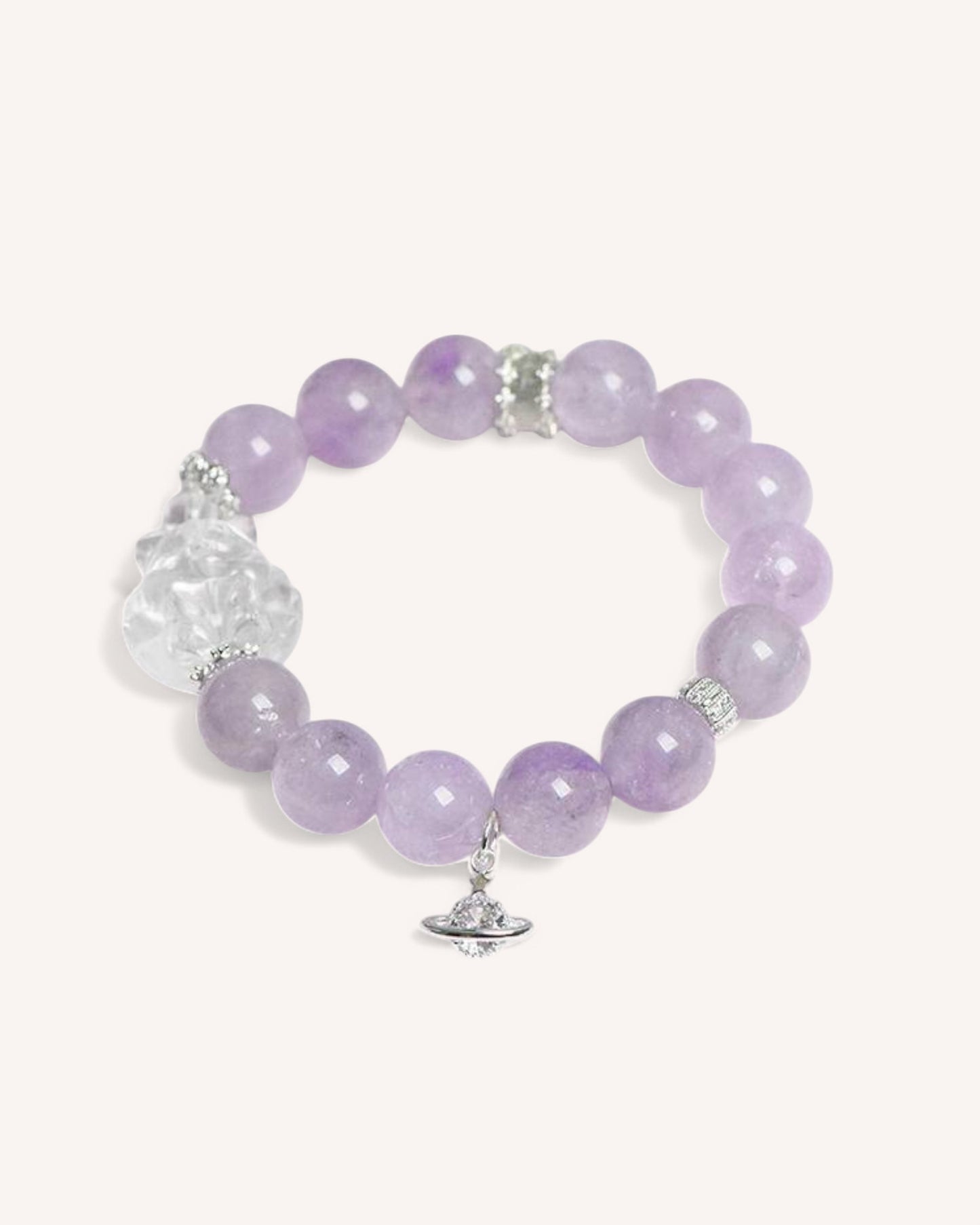 Side angle of the Lavender Amethyst Fox Bracelet, showcasing the delicate blend of lavender amethyst and white quartz, symbolizing transformation, inner peace, and heightened awareness.