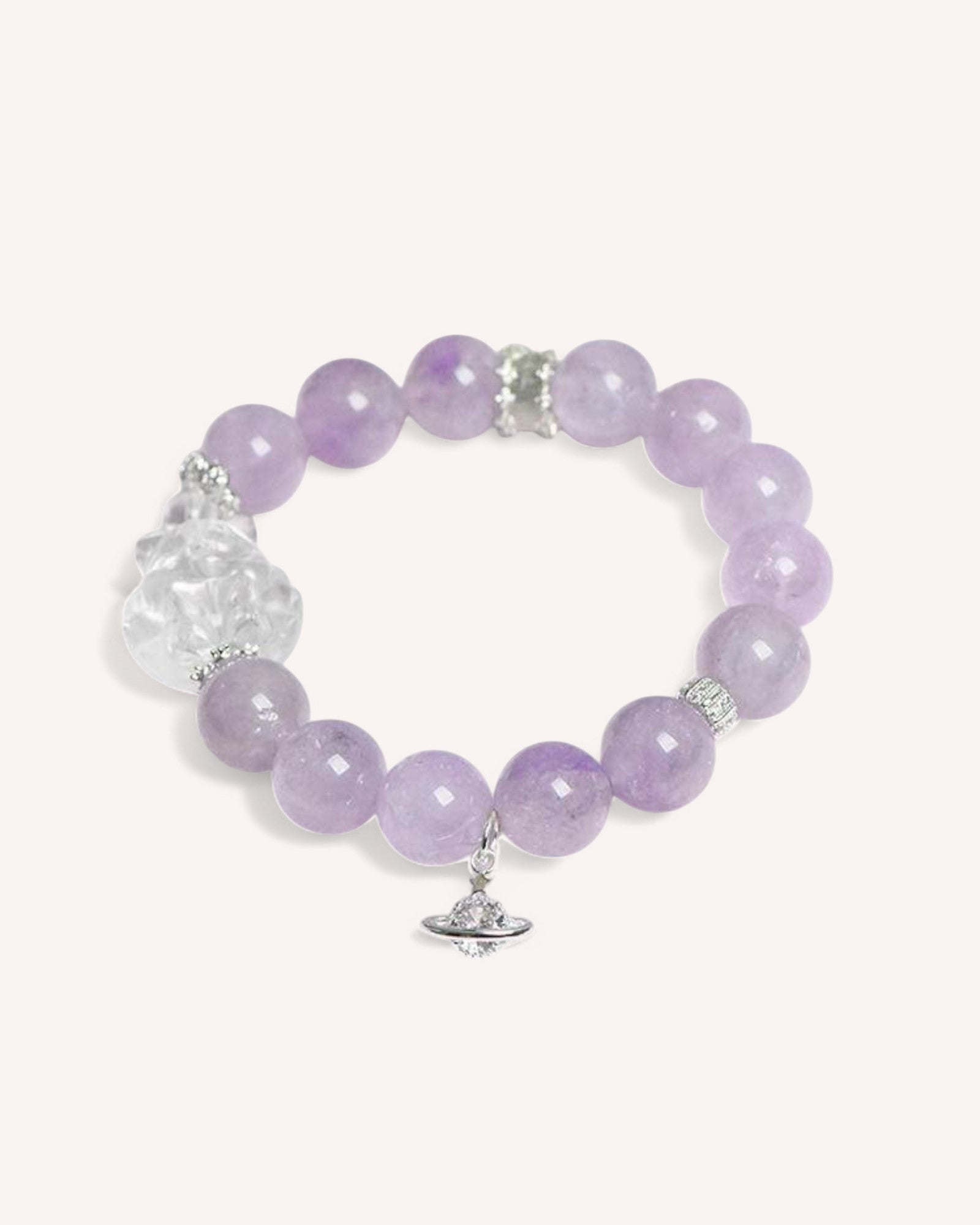 Side angle of the Lavender Amethyst Fox Bracelet, showcasing the delicate blend of lavender amethyst and white quartz, symbolizing transformation, inner peace, and heightened awareness.
