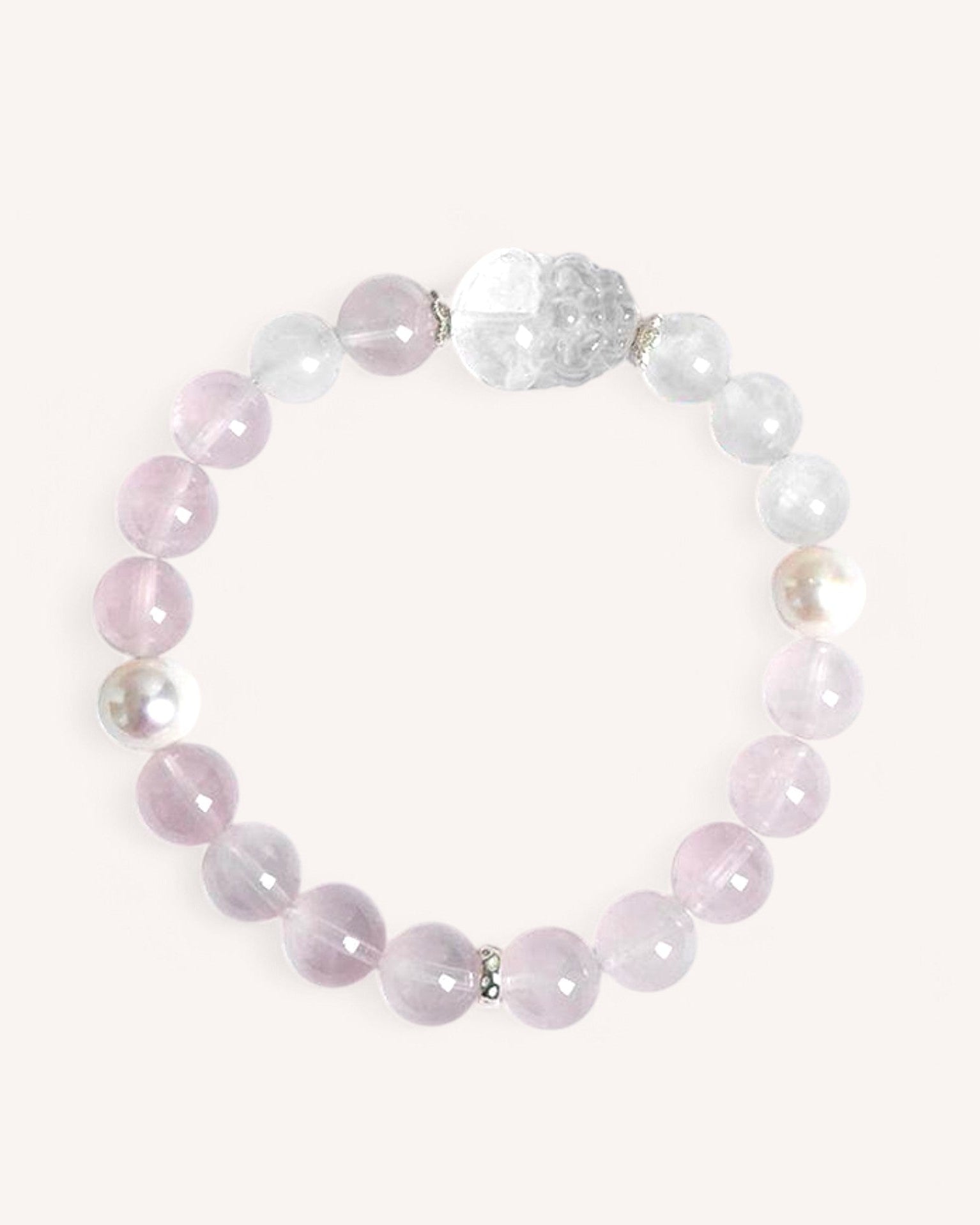 Love & Harmony Rose Quartz & Moonstone Bracelet featuring White Quartz and Pearl. Designed for emotional healing, feminine energy, and spiritual balance.
