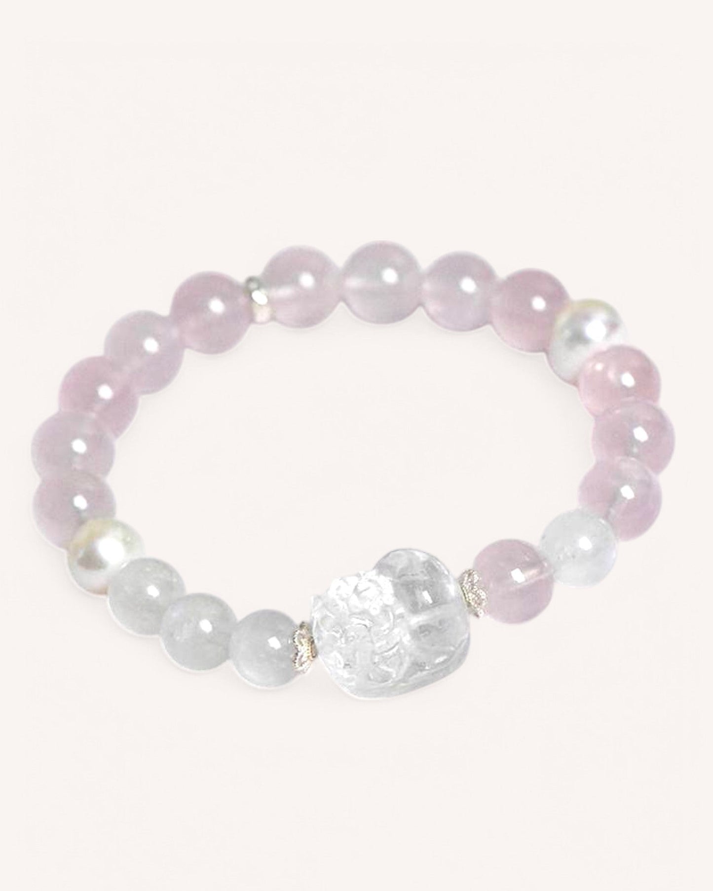 Elegant Rose Quartz & Moonstone Bracelet with raw White Quartz accent. Enhances self-love, intuition, emotional well-being, and clarity.