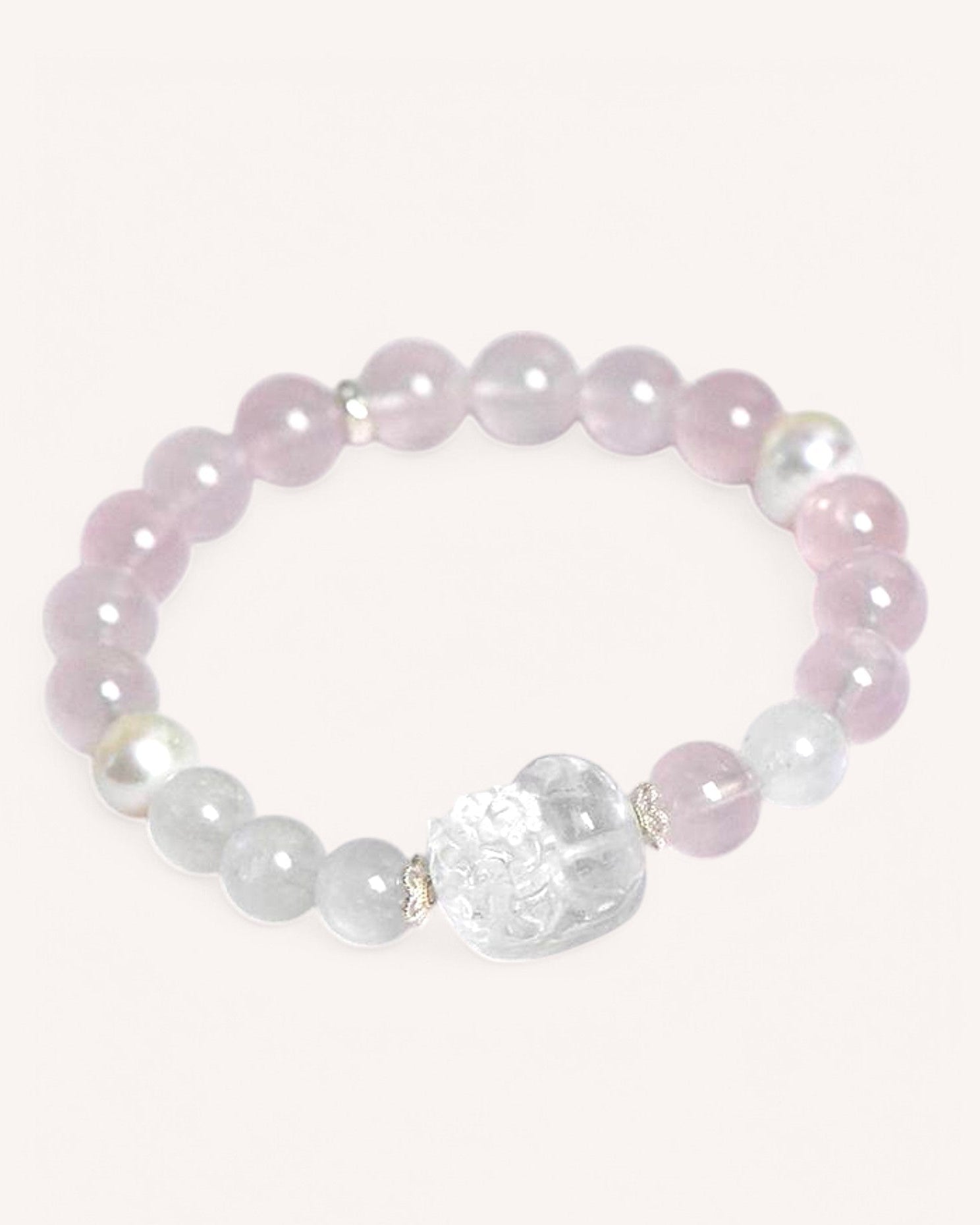 Elegant Rose Quartz & Moonstone Bracelet with raw White Quartz accent. Enhances self-love, intuition, emotional well-being, and clarity.