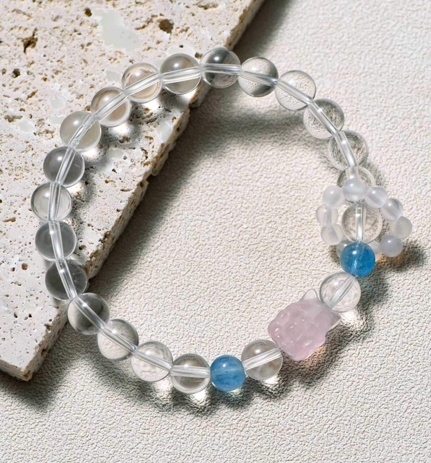 White Quartz, Aquamarine & Rose Quartz Fox Spirit Bracelet for love, emotional healing, and energy balance. Features a Rose Quartz fox charm symbolizing intuition, protection, and self-acceptance.