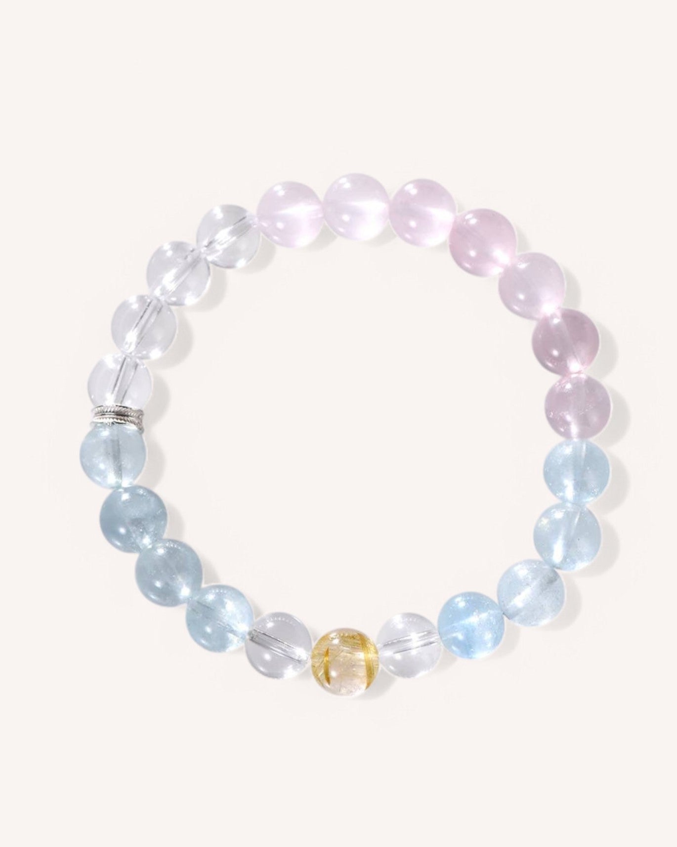 A White Quartz, Rose Quartz, and Aquamarine Bracelet designed to promote love, harmony, and emotional healing. The addition of Yellow Quartz enhances positivity and confidence.