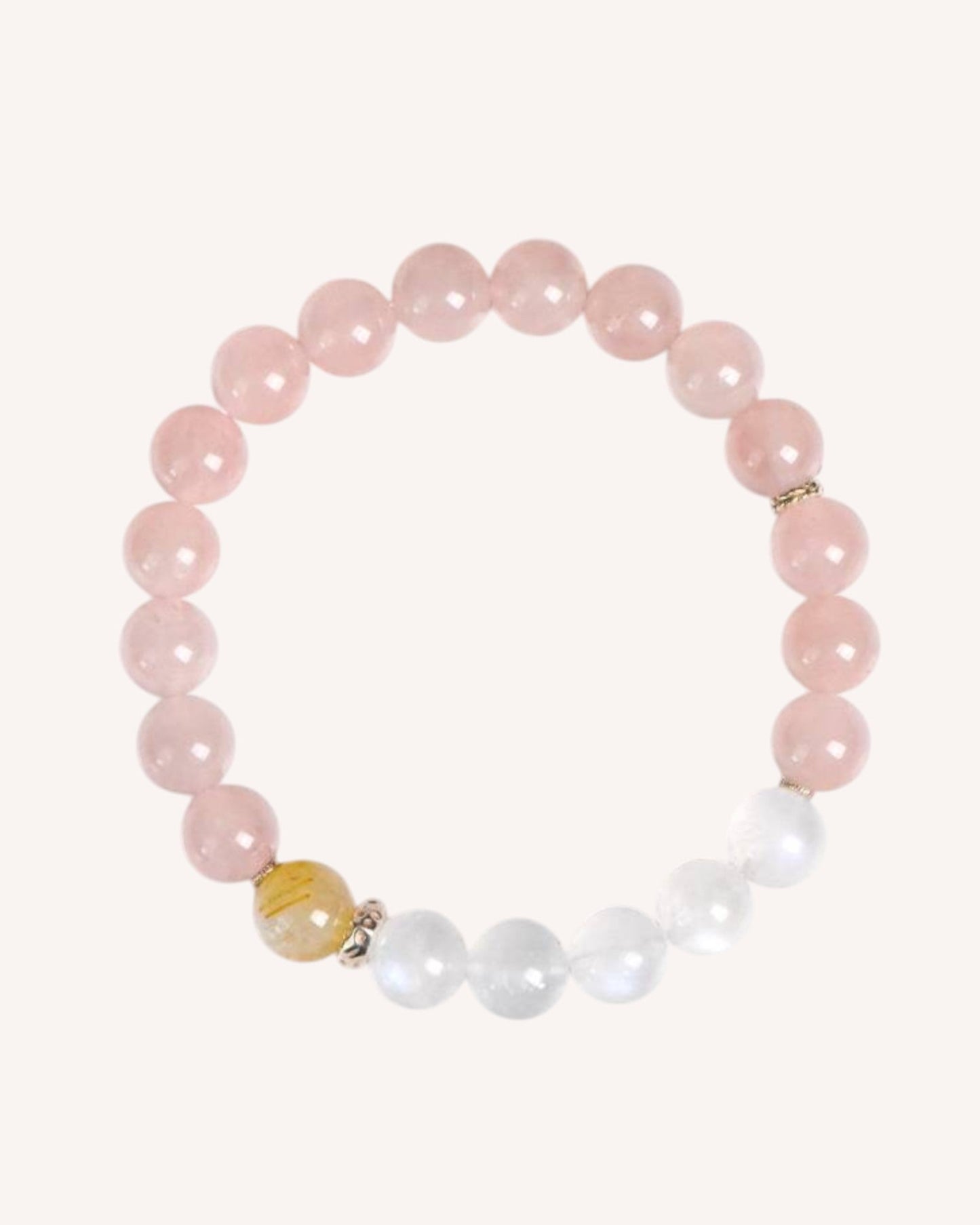 Front view of the Love & Intuition Rose Quartz & Blue Moonstone Bracelet, featuring Golden Rutilated Quartz for prosperity and emotional balance.