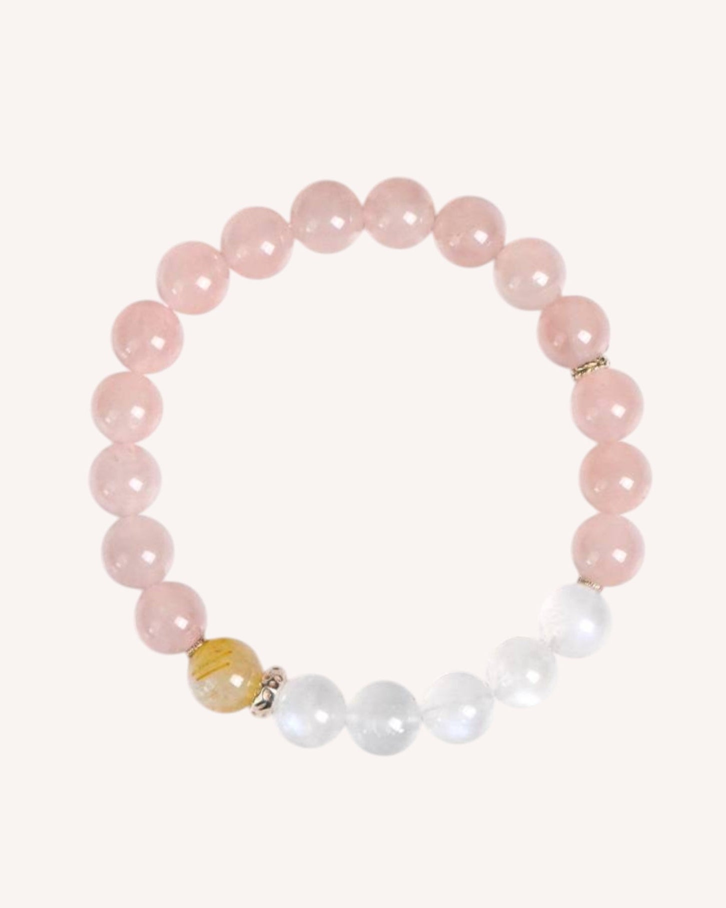 Front view of the Love & Intuition Rose Quartz & Blue Moonstone Bracelet, featuring Golden Rutilated Quartz for prosperity and emotional balance.