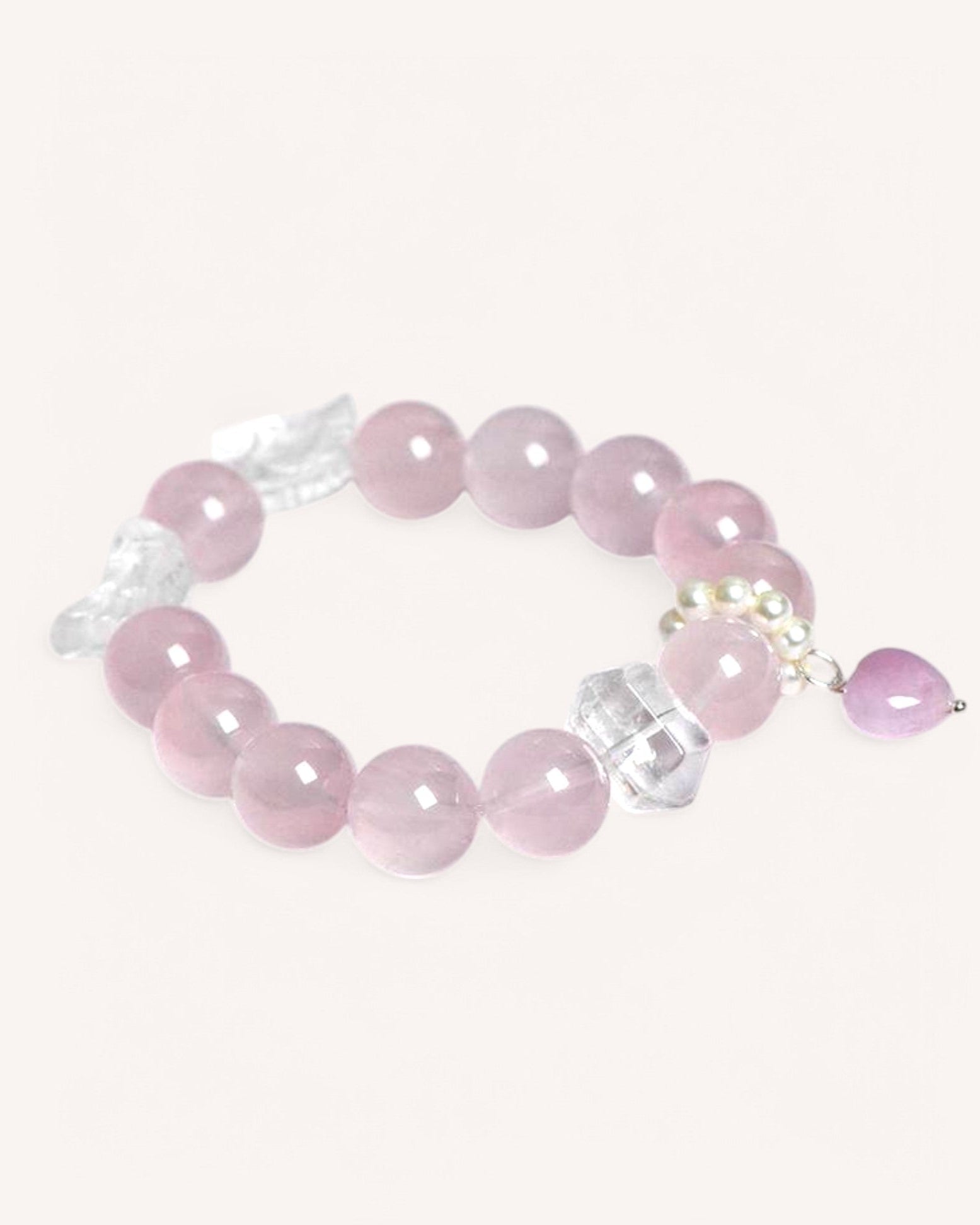 Love & Protection Bracelet with Rose Quartz and White Quartz, featuring an angel wing charm for spiritual guidance, emotional healing, and balance.