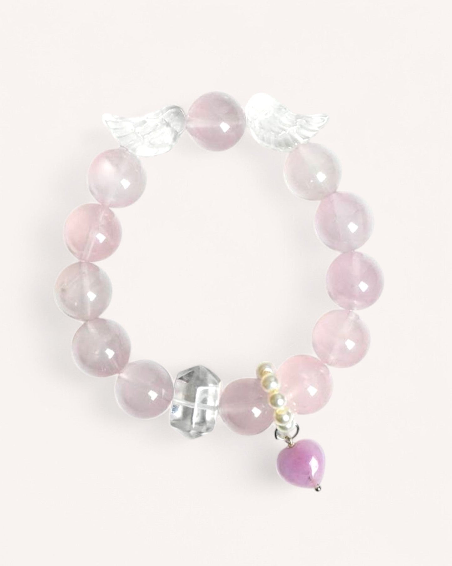 Angelic Love & Protection Bracelet crafted with Rose Quartz and White Quartz, designed for self-love, emotional harmony, and divine energy support.