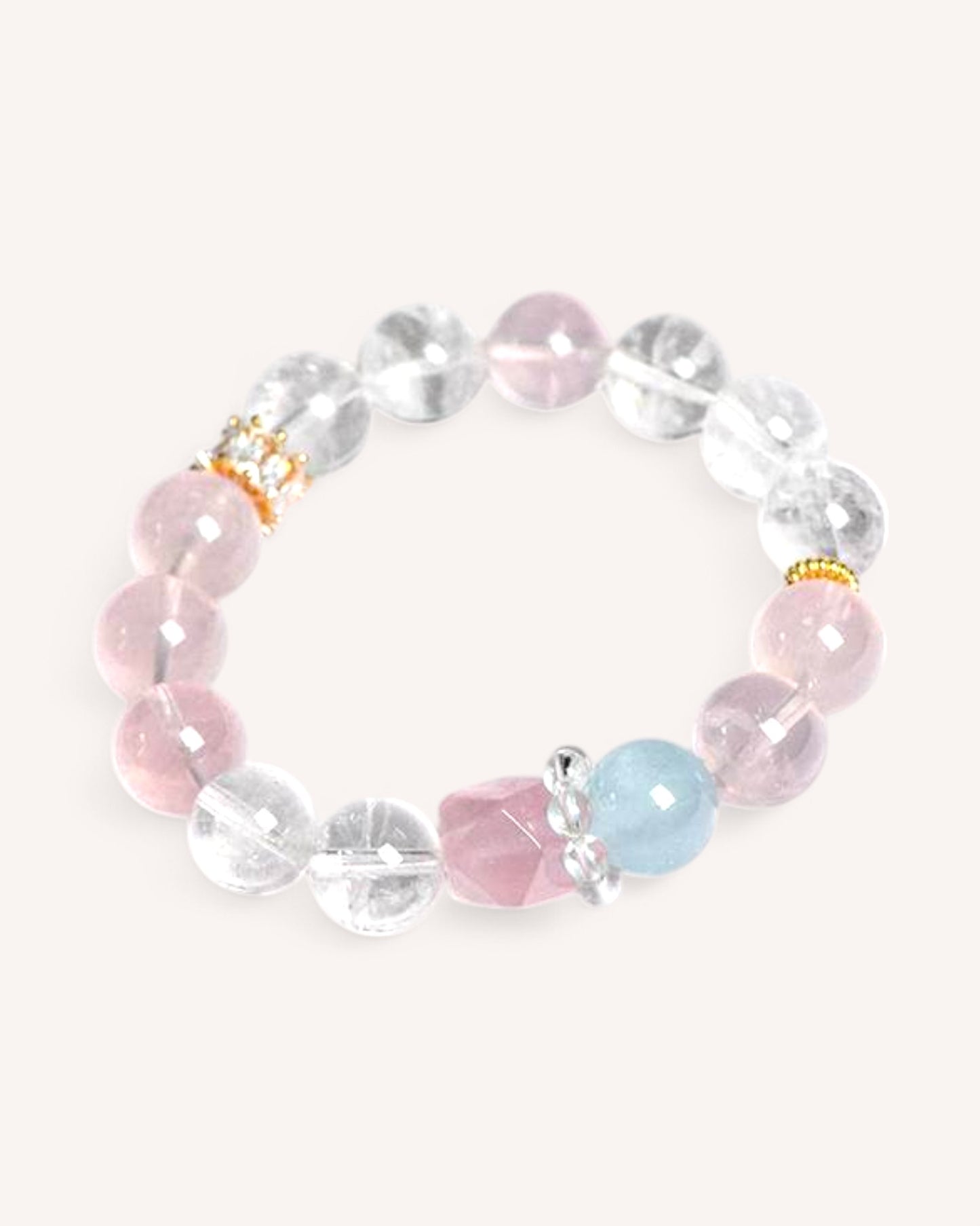  Rose Quartz, Aquamarine & White Quartz bracelet for love, emotional balance & clarity, featuring elegant gold accents.
