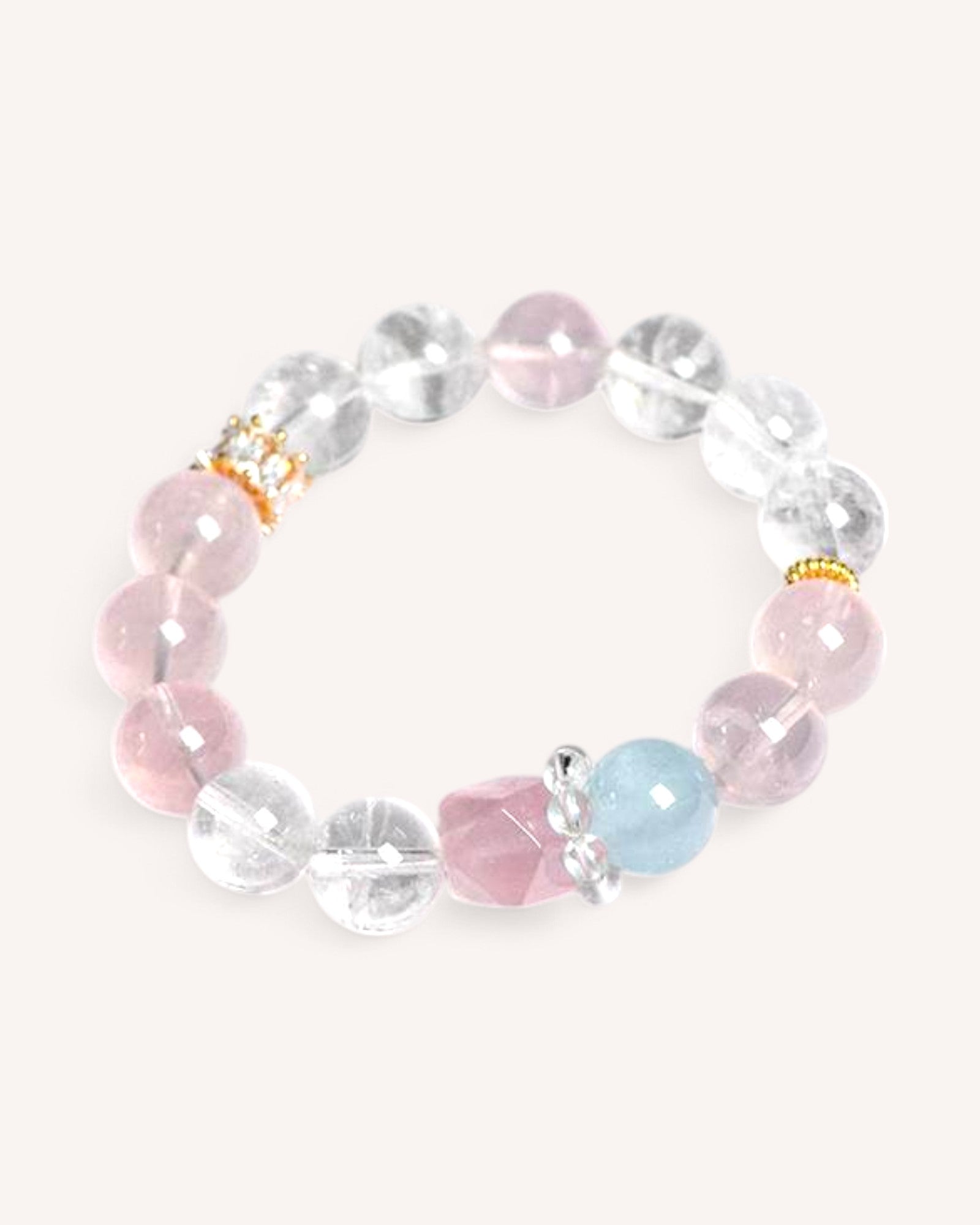 Rose Quartz, Aquamarine & White Quartz bracelet for love, emotional balance & clarity, featuring elegant gold accents.