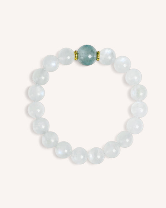 Elegant moonstone and aquamarine bracelet designed for emotional healing and intuition, with gold-tone alloy accent.