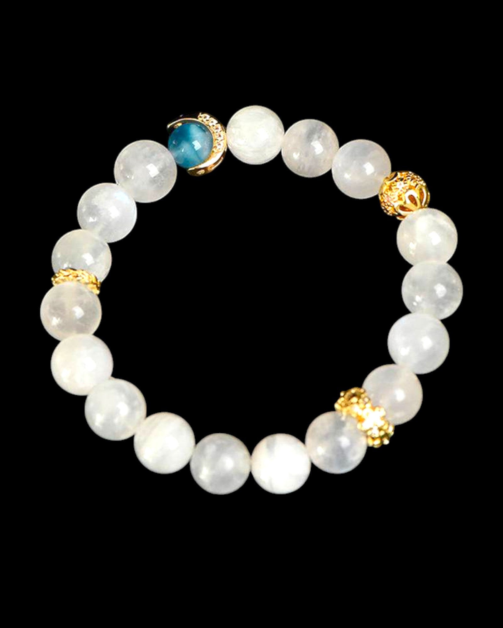 Close-up of Moonstone and Aquamarine bracelet with gold-toned moon charm for clarity and peace
