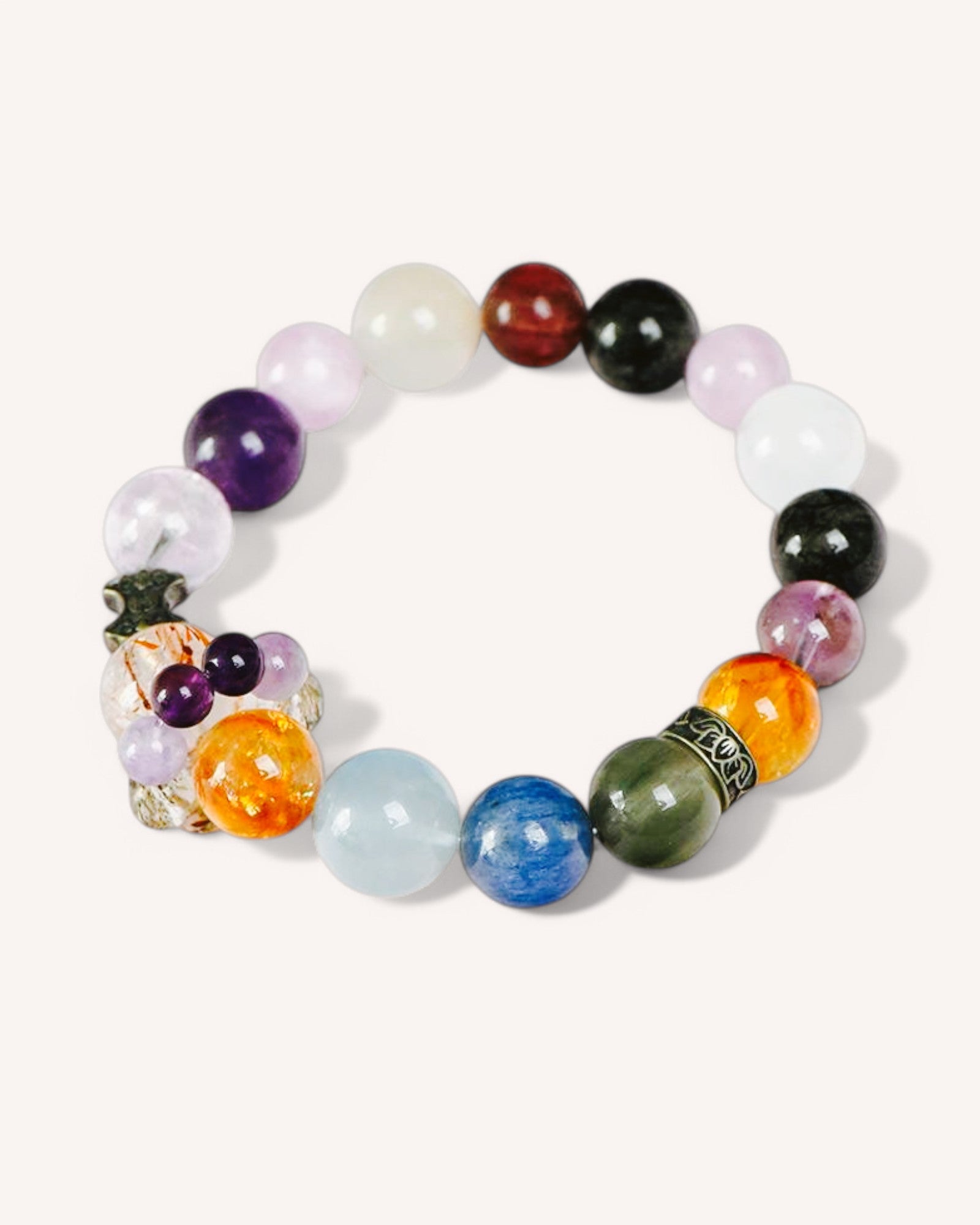 Multi-crystal energy healing bracelet with amethyst, aquamarine, black obsidian and citrine for emotional balance and protection