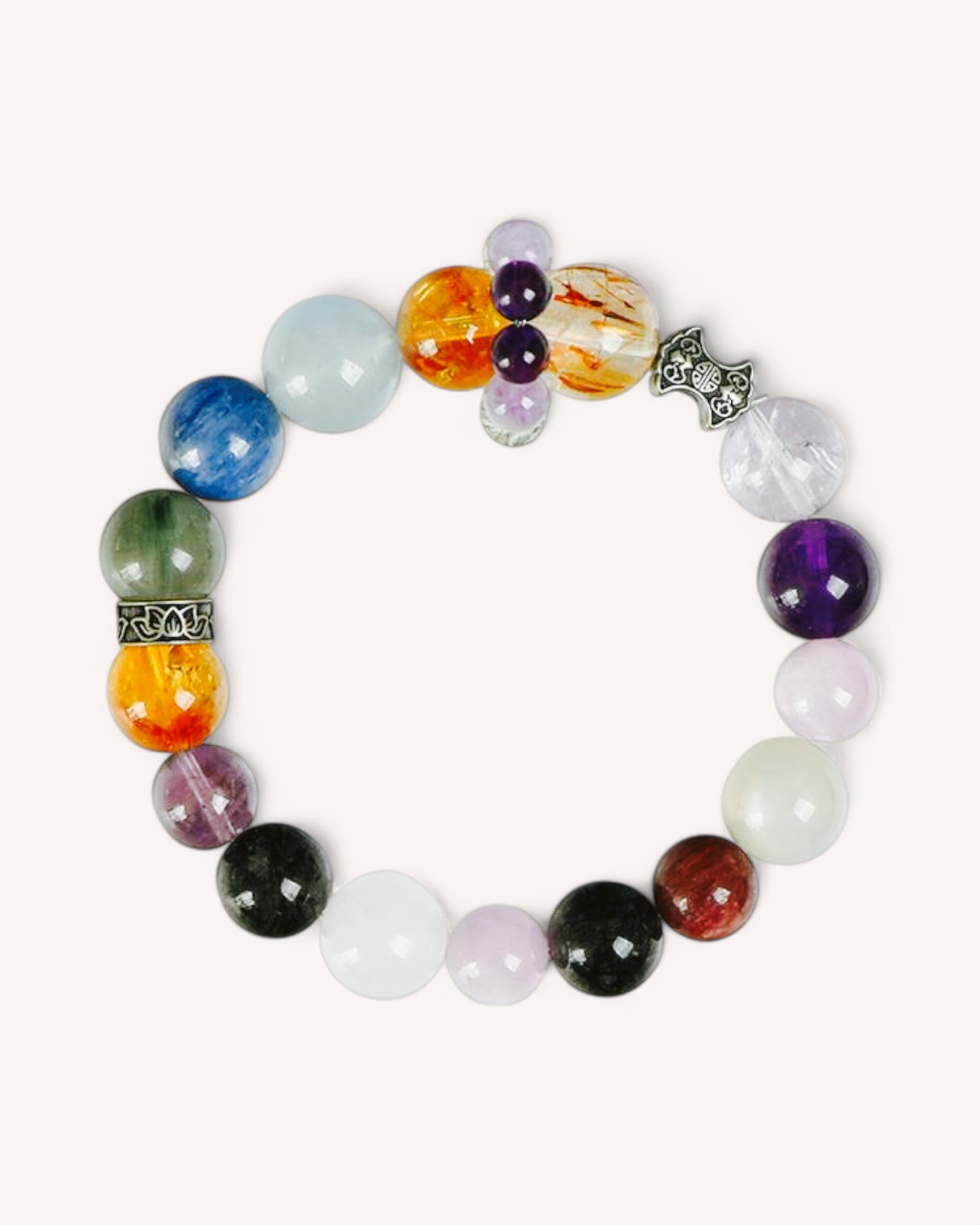 Top view of gemstone healing bracelet featuring chakra-colored stones for spiritual clarity and grounding