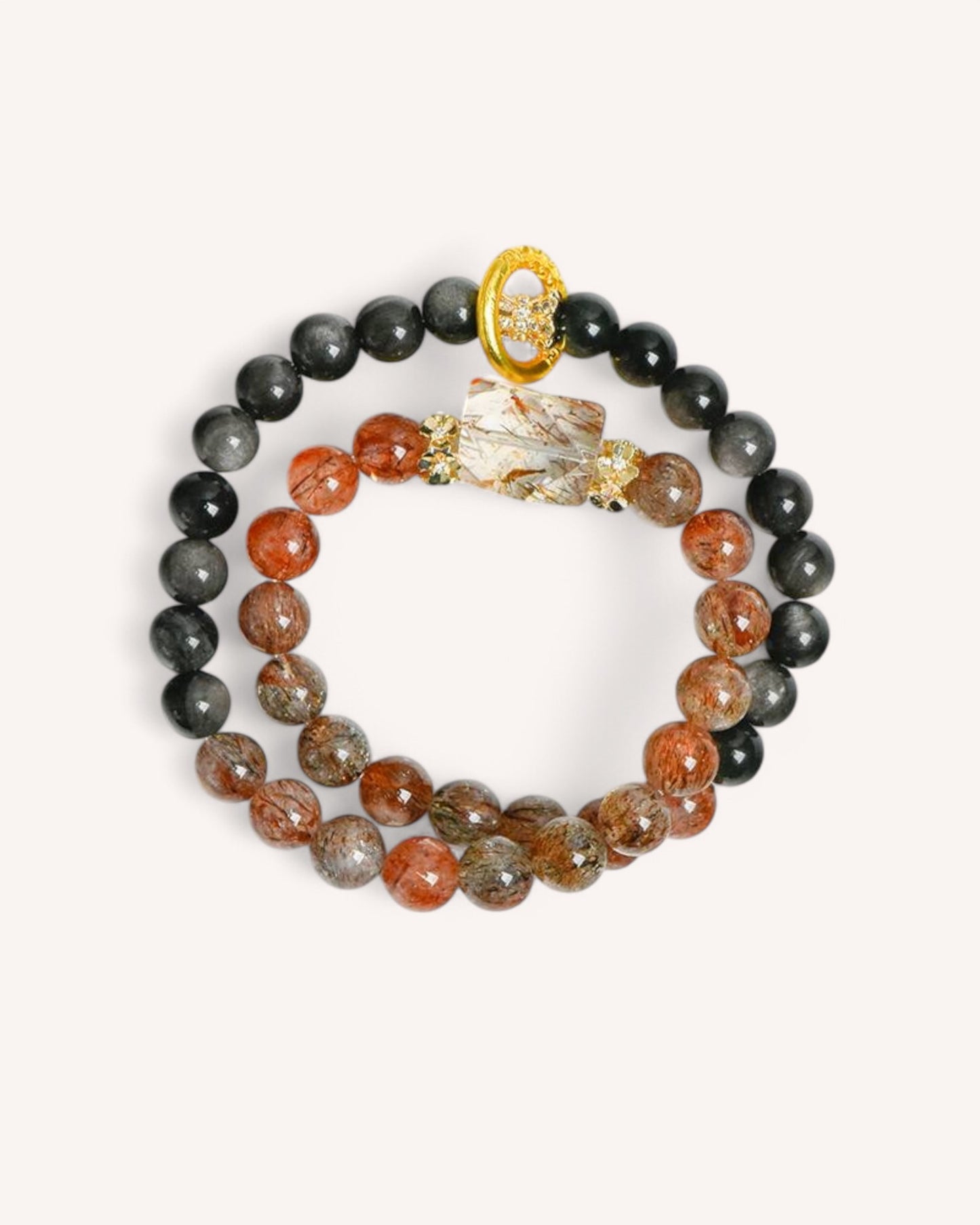 Front view of double-layer healing bracelet featuring Black Gold Super Seven and Silver Sheen Obsidian beads for protection and clarity