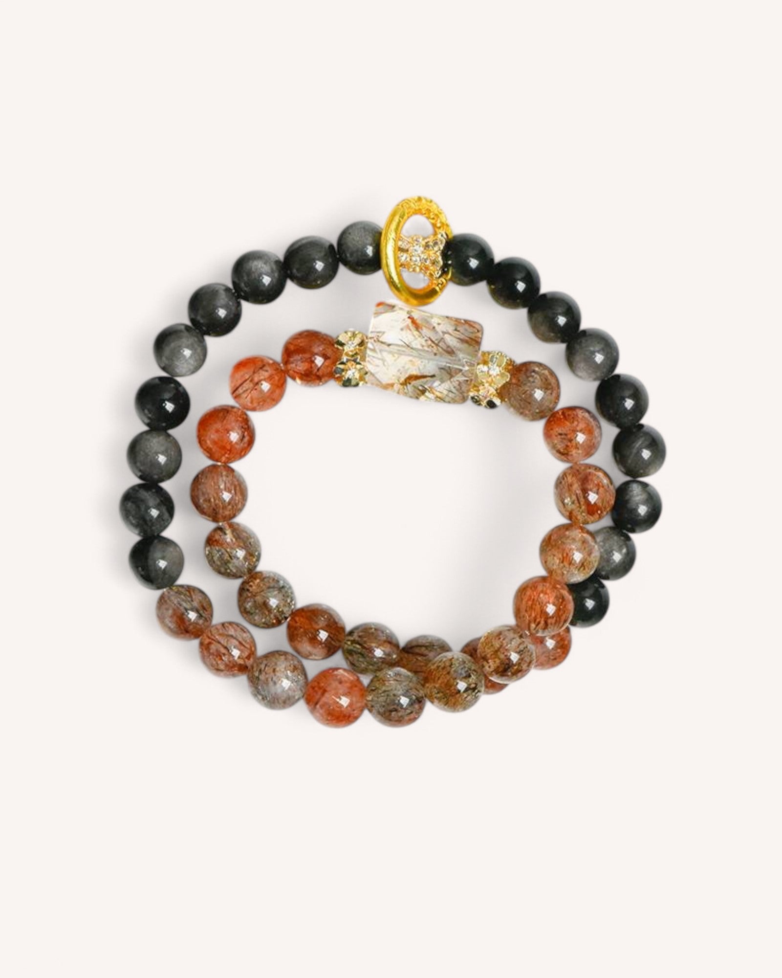 Front view of double-layer healing bracelet featuring Black Gold Super Seven and Silver Sheen Obsidian beads for protection and clarity