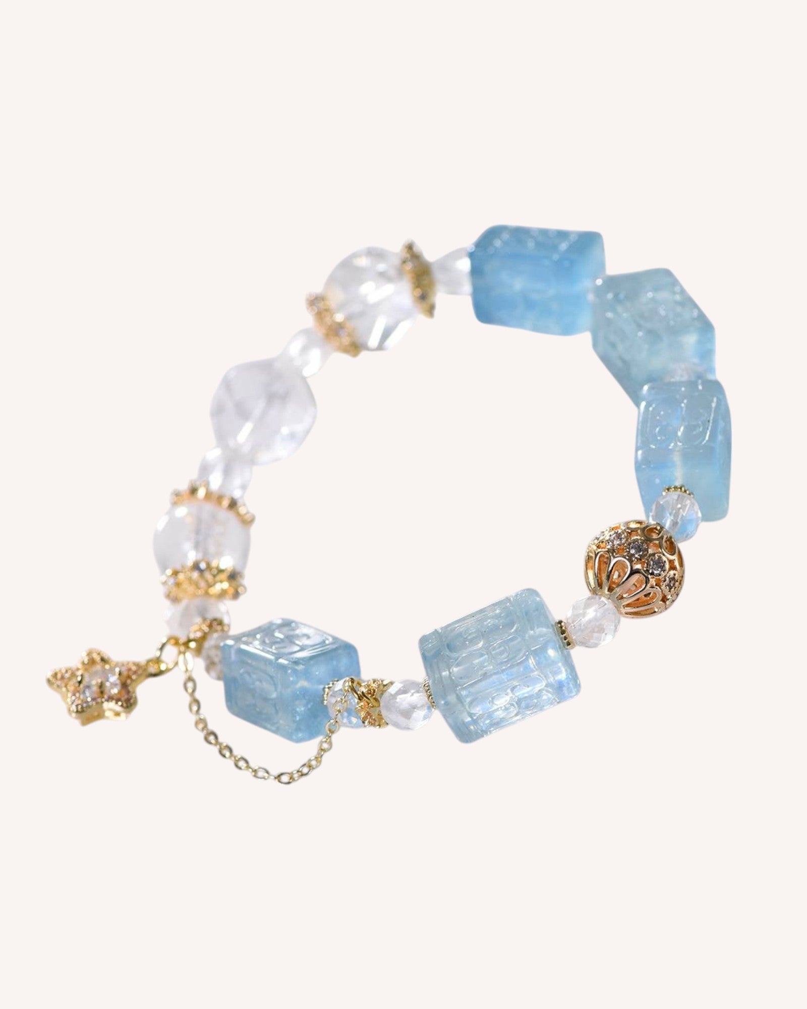 Raw Aquamarine and White Quartz Healing Bracelet for Emotional Balance and Protection – Front View