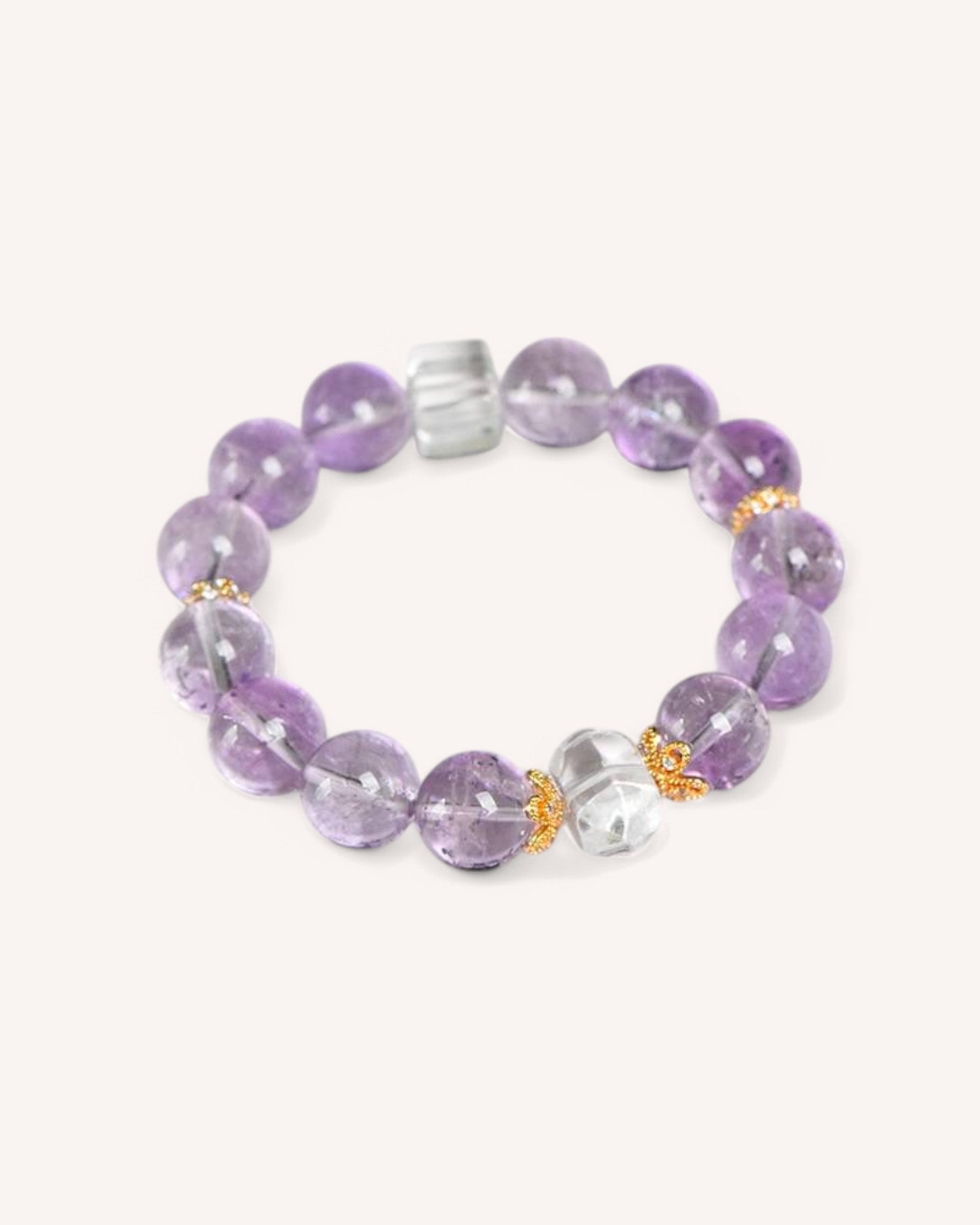 Side view of Amethyst & White Quartz bracelet showcasing double-point crystal accents, symbolizing balance, clarity, and higher consciousness.