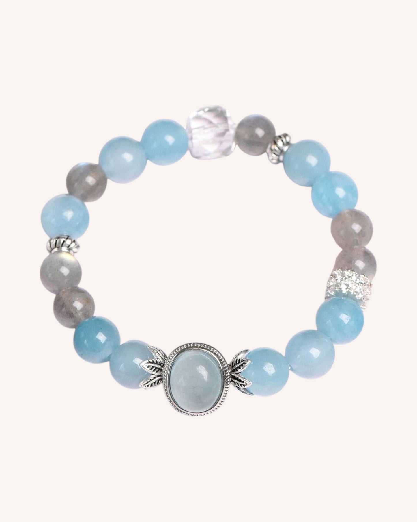 Side view of crystal bracelet made with Aquamarine, Gray Moonstone, and White Quartz for spiritual awareness