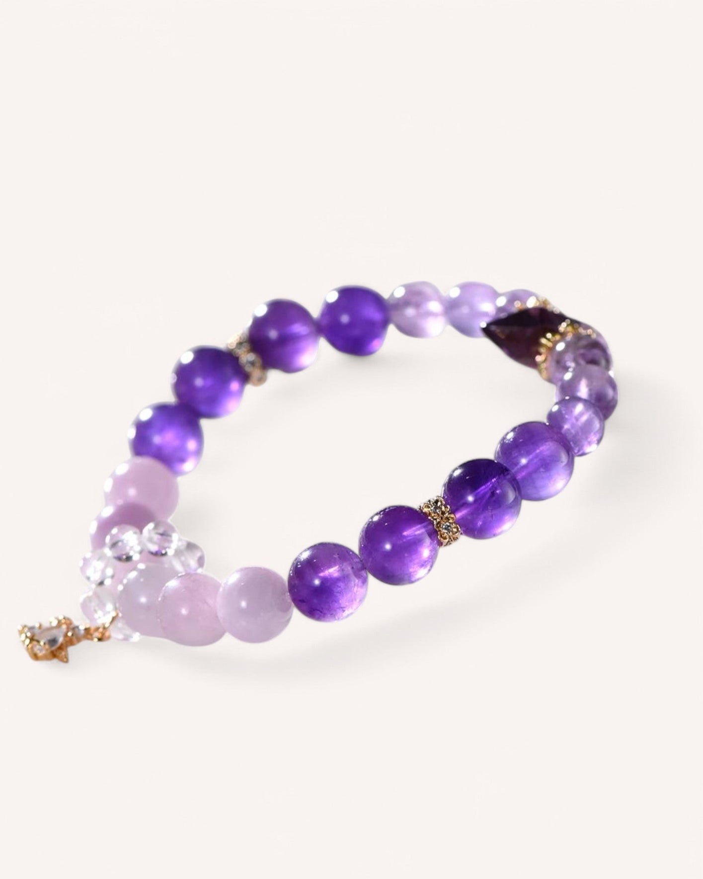 Elegant Amethyst & Kunzite Bracelet with a nine-tailed fox charm, designed for intuition, self-discovery, and emotional balance. A powerful energy protection bracelet for spiritual growth and transformation.