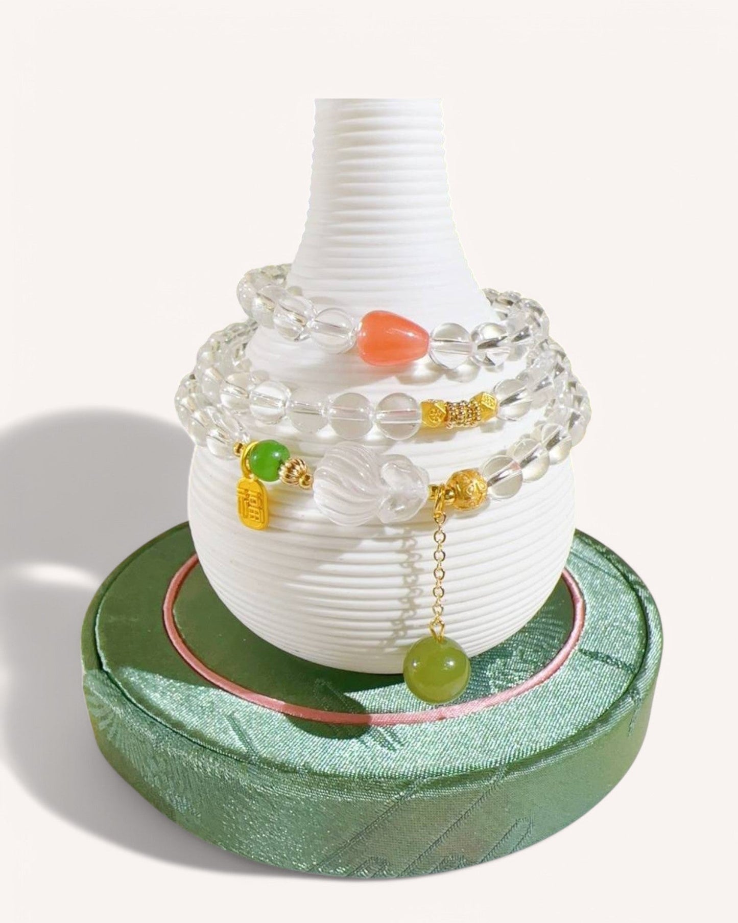 White Quartz and Jade Prayer Bracelet elegantly displayed, symbolizing spiritual protection, prosperity, and energy alignment. Ideal for meditation and personal growth.