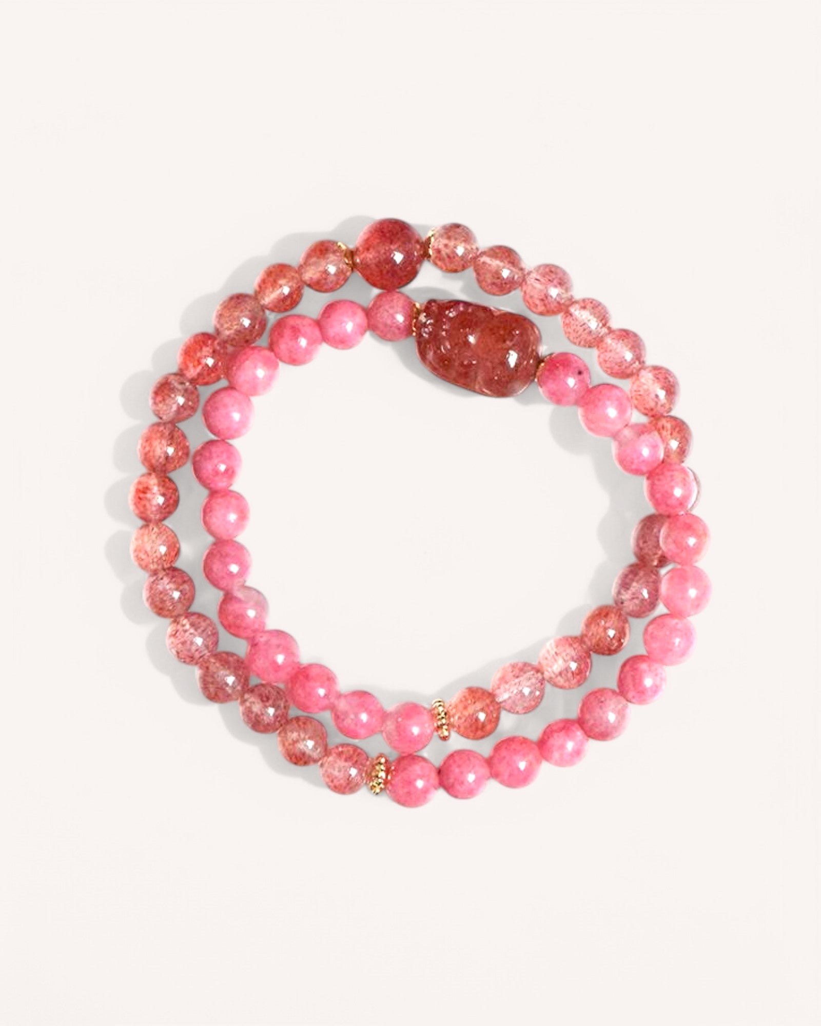 Main view of Strawberry Quartz & Rhodonite multi-layer bracelet promoting love, emotional healing, and inner peace.