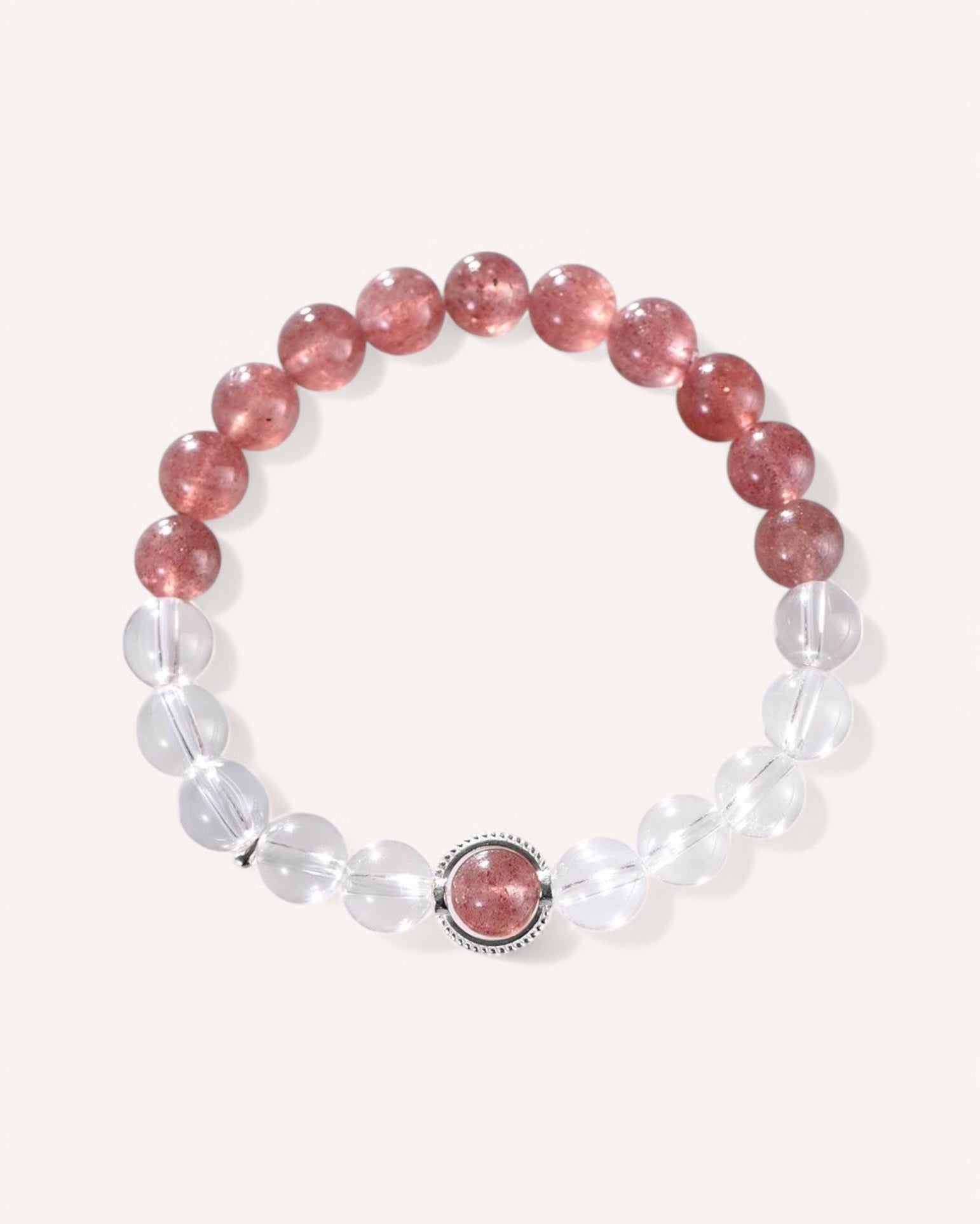 Strawberry Quartz & White Quartz Bracelet for love, emotional healing, and spiritual balance. Promotes self-love, clarity, and positivity.