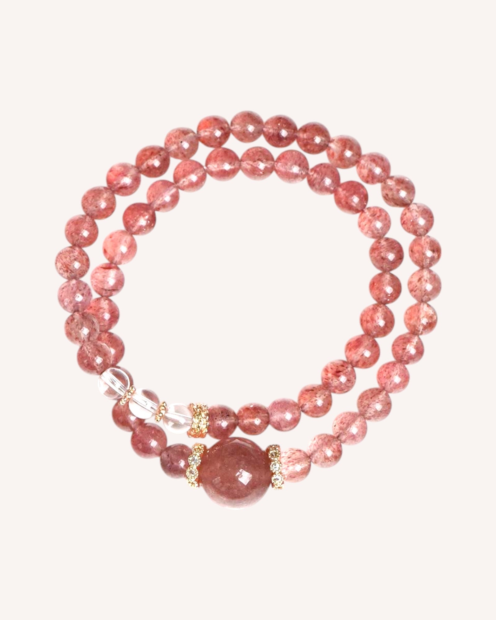 Front view of Strawberry Quartz and White Quartz multi-layer healing bracelet for love and clarity