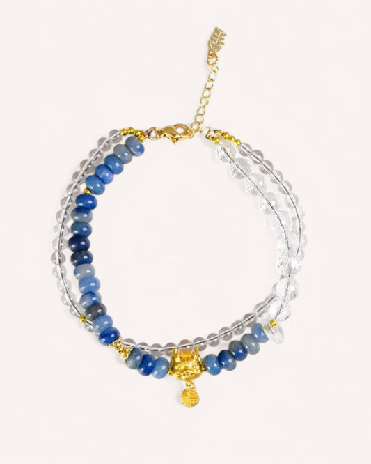 Close-up view of the Tranquility & Wisdom Blue Aventurine Bracelet, featuring natural blue aventurine and white quartz beads for emotional balance and mental clarity.