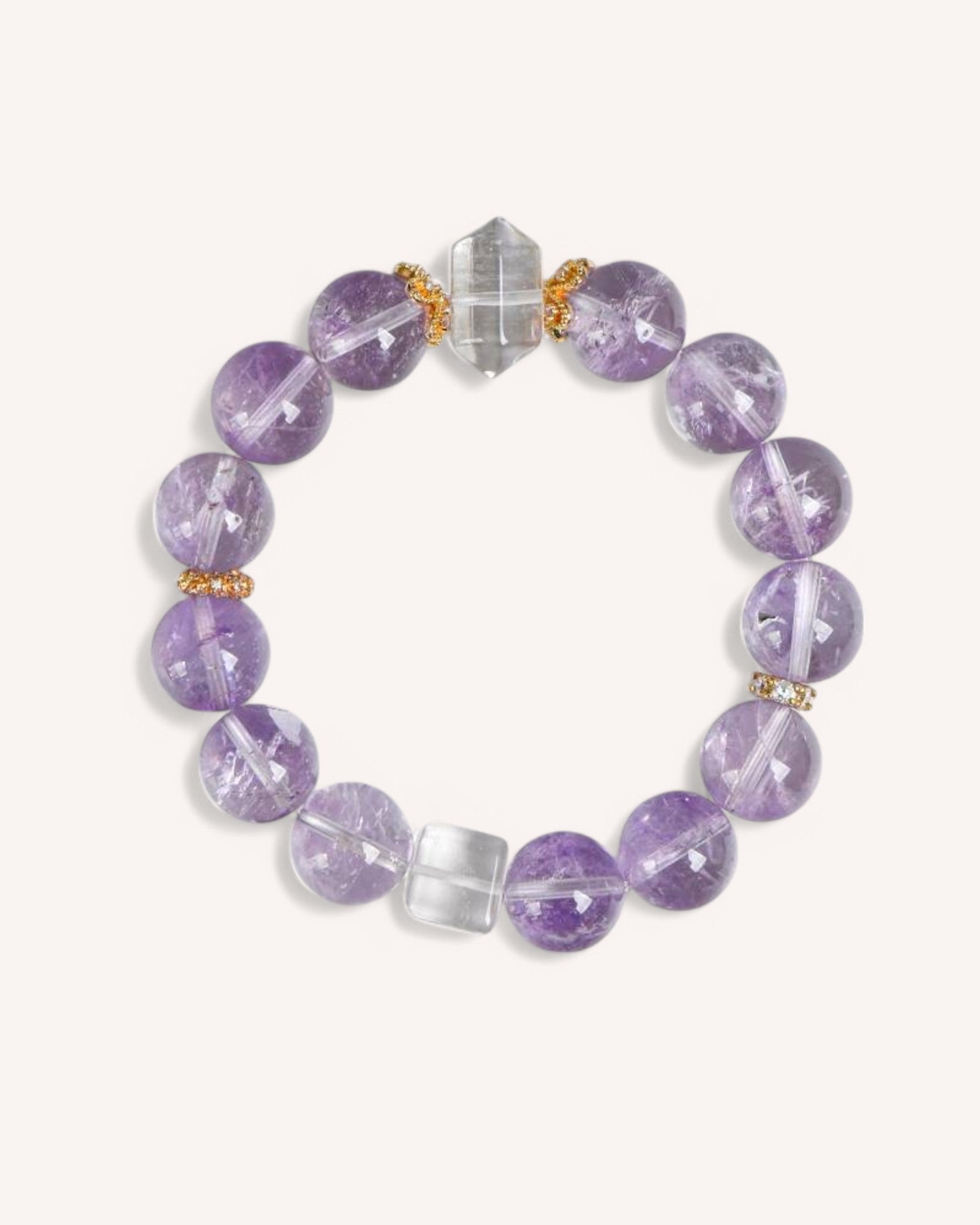 Close-up of an Amethyst & White Quartz bracelet featuring double-point crystal for enhanced energy flow, transformation, and spiritual awakening.
