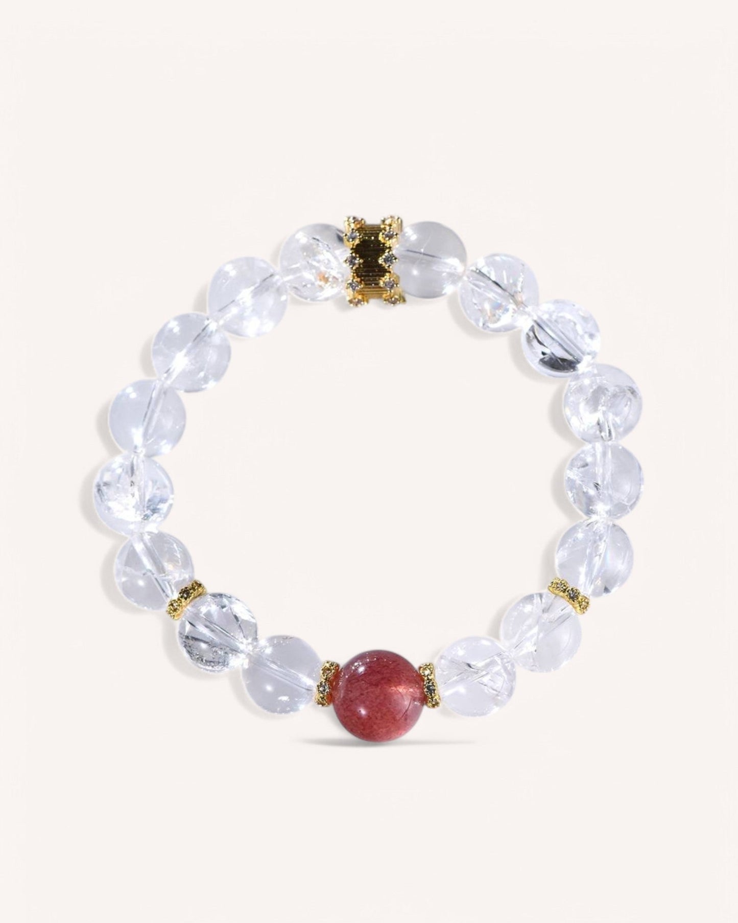 Front view of the White Azeztulite & Strawberry Quartz Bracelet featuring 14K gold accents. Designed for spiritual awakening, emotional healing, and self-love.