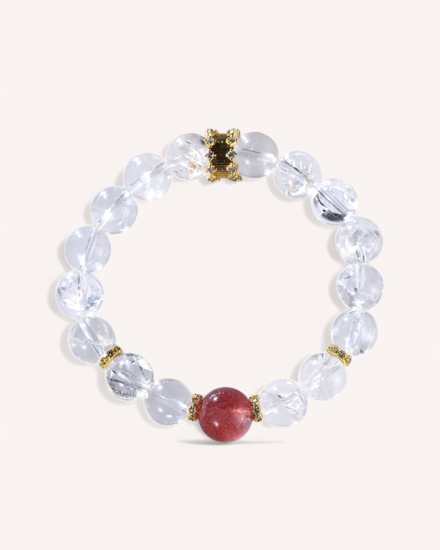 Front view of the White Azeztulite & Strawberry Quartz Bracelet featuring 14K gold accents. Designed for spiritual awakening, emotional healing, and self-love.