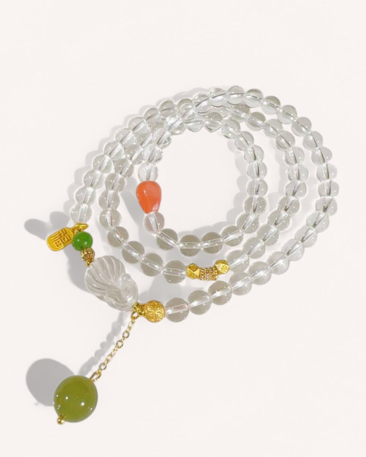 Triple-layer White Quartz and Jade Prayer Bracelet for spiritual protection, energy cleansing, and divine blessings. Features White Quartz, Green Jade, and Red Agate for balance and prosperity.
