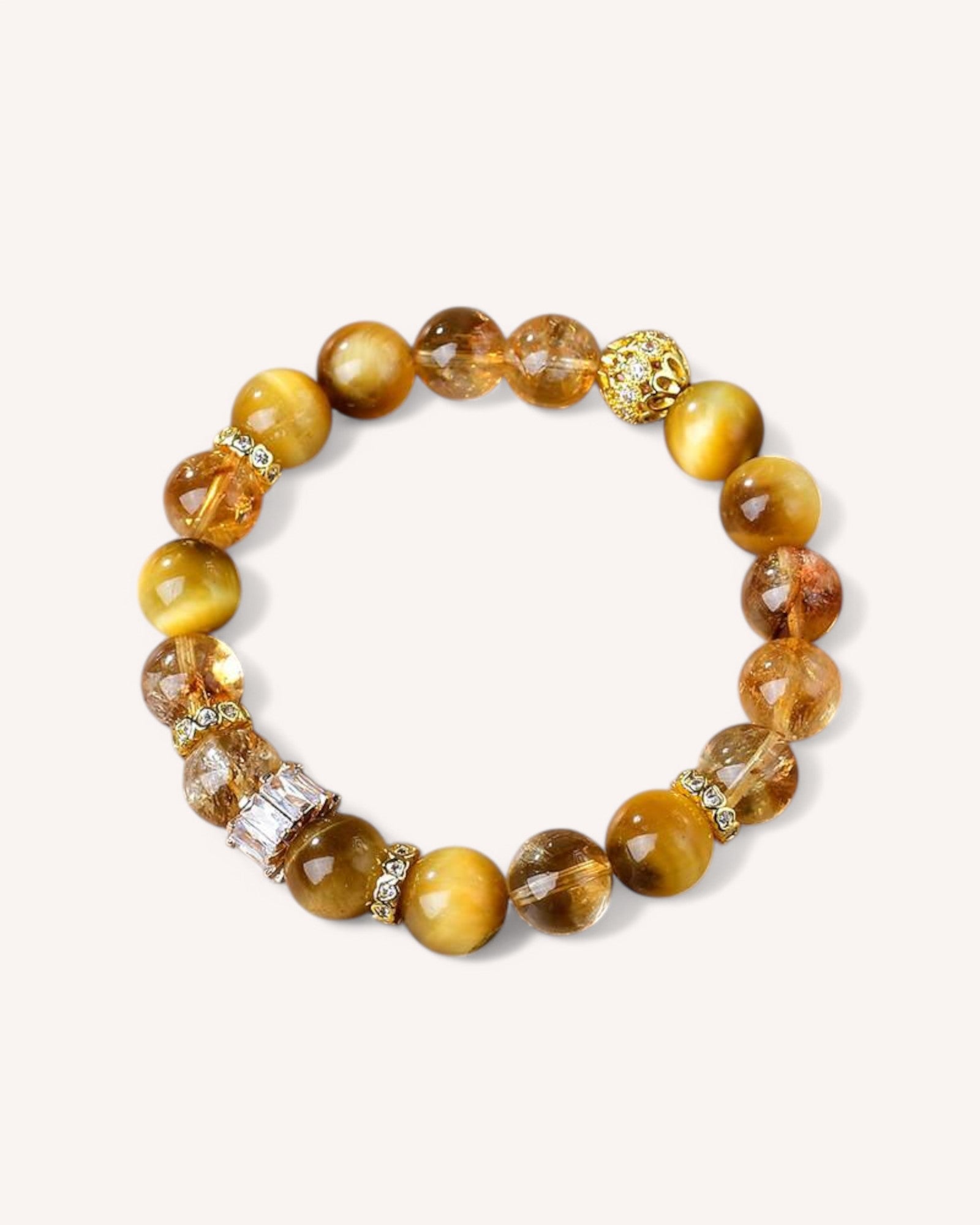 Close-up of Yellow Azetulite & Tiger’s Eye Bracelet – Showcasing premium natural crystals for empowerment and prosperity. This handcrafted energy bracelet boosts resilience, mental clarity, and motivation for success-driven individuals.